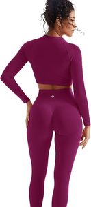 Purple Seamless Yoga Set Women High Waist Leggings <b>Crop</b> <b>Top</b> Full <b>Sleeve</b> Sport Wear Two Piece Gym Outfit Stretchable Activewear - Product Image 4