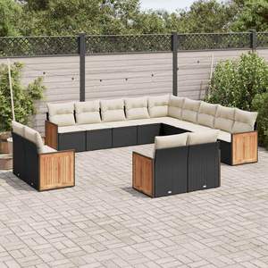 Conjunto de Sofás de Jardín de Ratán Blanco Crema y Negro con Estructura de Madera de Teca, Muebles de Exterior para 10 Personas, Diseño Contemporáneo, Resistente a la Intemperie - Product Image 3