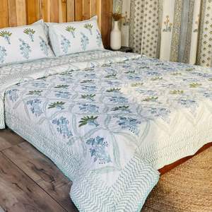 Juego de Sábanas con Estampado Artesanal Sanganeri de la India, Sábanas con Funda de Almohada - Product Image 1