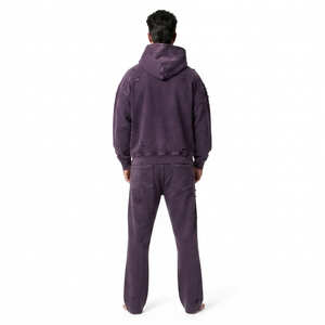 Ensemble de survêtement homme délavé coupe décontractée avec sweat à capuche à épaules tombantes et poche kangourou et pantalon de jogging large, effet délavé à l'acide, deux pièces - Product Image 2
