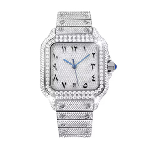Montre à cadran carré de 38 mm en acier inoxydable avec mouvement à quartz ETA, cristal de saphir, cristal de glace VVS Moissanite, résistante à l'eau jusqu'à 10 bars - Product Image 1