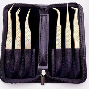 Pinces à cils en titane doré avec logo personnalisé, étui en cuir, vente en gros, outils pour extensions de cils en marque privée - Product Image 4