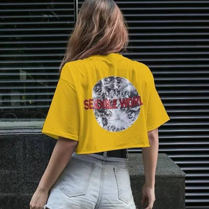 Camiseta Corta Roja para Mujer, Cuello Redondo, Manga Corta, Logotipo Bordado, Top Informal, Color Sólido, 100% Algodón Jersey - Product Image 3