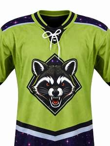 Camiseta de hockey sobre hielo verde lima personalizada, uniforme de práctica sublimado con mascota de mapache galáctico, ropa deportiva transpirable de malla con cordones - Product Image 3