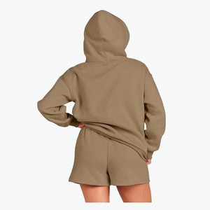 Ensemble 2 pièces pour femme en coton 100% de haute qualité, sweat à capuche et short, couleur unie, molletonné, décontracté, longueur au-dessus du genou, pour le printemps et l'été - Product Image 5