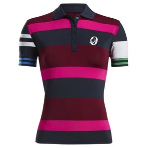 Women's Pink Black Striped Sublimation Polo Shirt Short Sleeve Modern <b>Athletic</b> Top Comfortable Golf Apparel for Sports Practi - Product Image 1