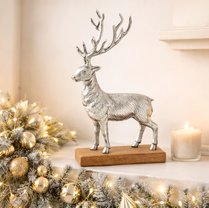 Premium Silver Aluminum Reindeer Statue With Natural Wood Base Elegant Standing Stag Figurine For Modern <b>Christmas</b> Tabletop - Product Image 6