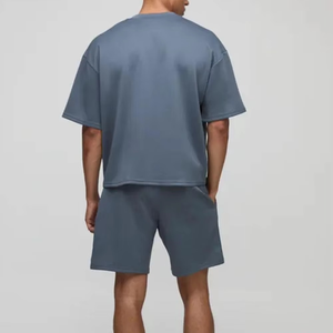 Top Quality Mens Steel Blue T Shirt Shorts Set Summer Casual Two Piece Outfit Solid Color Oversized Fit Short Sleeve Top Matchin - Product Image 2