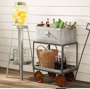 Classic Brushed Steel Galvanized Ice <b>Bucket</b> Beverage Holder Blue Rope Handles 5L Capacity Portable Durable Oval Floral Pattern - Product Image 1
