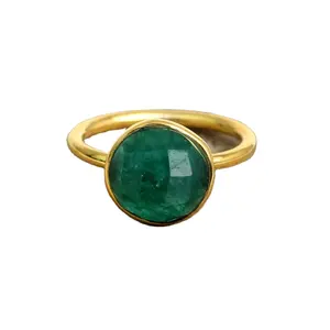 Best Selling 12mm Green Emerald Hydro Quartz Gemstone Bezel Jewelry 18k gold Plated Sterling Silver Round Shape Ring For Women