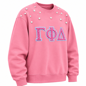 Sweat-shirt pour femme Gamma Phi Delta orné de perles, lettres grecques brodées, col rond, manches longues, pull décontracté de sororité - Product Image 4
