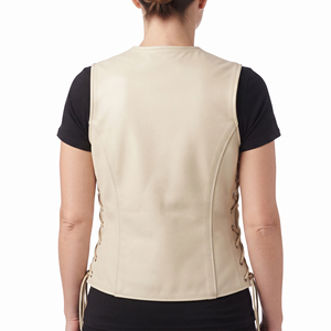 Gilet de moto en cuir véritable pour femme, décontracté, respirant, hiver, col en V, avec boutons sur le côté - Product Image 2