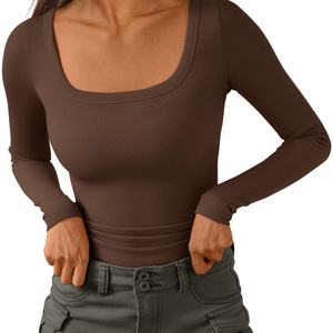 Hauts décontractés à manches longues et coupe ajustée avec col carré, en tricot côtelé basique - Product Image 1