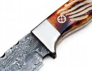 Custom Handmade Damascus Steel Outdoor Camping <b>Knife</b> <b>Carved</b> Stag Horn Resin Handle Steel Bolster - Product Image 6