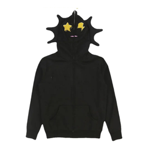 Men's Black Hooded <b>Zip</b>-<b>Up</b> Sweatshirt With Star And Lightning Embroidered Design Pattern Regular Fit Casual Autumn Wear - Product Image 1