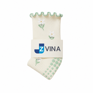Wholesale <b>Custom</b> Women Pilates <b>Grip</b> <b>Socks</b> Cotton Ruffle Crew <b>Socks</b> with Jacquard Flower Logo Non Slip Yoga <b>Socks</b> - Product Image 2