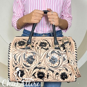 High Quality Genuine Hair On Cowhide <b>Leather</b> Speedy Bag Hand <b>Tooled</b> Floral Duffle Bag Large Capacity Handbag Western Travel Bag - Product Image 1