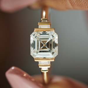 Women's 14K solid Gold Asscher Cut <b>Diamond</b> <b>Ring</b> With Baguette Side Stones Classic Engagement Style IGI Certified - Product Image 2