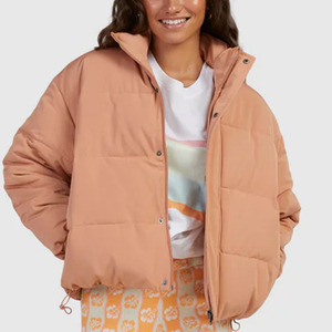 Chaqueta Acolchada de Mujer Color Durazno, Manga Larga, Cuello Alto, Abrigo de Invierno, Relleno Grueso de Poliéster, Cierre de Cremallera, Color Sólido - Product Image 6