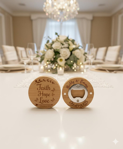 Ouvre-bouteilles ronds en bois avec gravure personnalisée, ouvre-bouteilles manuel personnalisé pour cadeau de mariage - Product Image 1