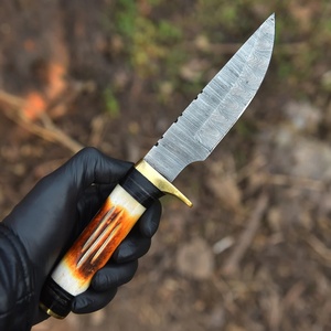 Cuchillo de caza hecho a mano de acero de Damasco con punta de gota, mango de hueso y micarta, funda de cuero, cuchillos plegables de supervivencia al por mayor - Product Image 2