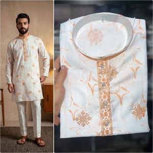 <b>Men</b> White Orange Printed <b>Kurta</b> <b>Pajama</b> Set Regular Fit Traditional Indian Pakistani Knee-Length - Product Image 4