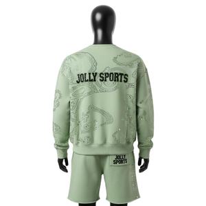 Conjunto de Sudadera y Pantalones Cortos de Felpa de Algodón y Poliéster Premium para Hombre, Color Verde Menta, con Estampado de Diamantes de Imitación y Logotipo Personalizado - Product Image 2