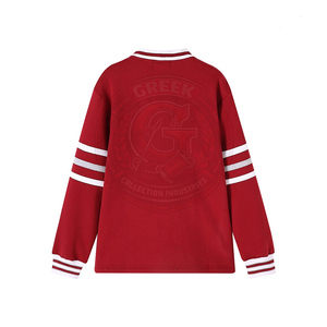 Cardigan rouge pour hommes et femmes, style sororité/fraternité, pull à manches longues, col en V, rayures blanches, en coton molletonné tricoté avec bordure contrastante - Product Image 2