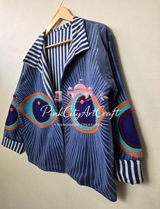 Veste matelassée en velours de haute qualité faite à la main pour femmes, bleu indigo, style bohème, manteau d'hiver, col rayé, broderie, cardigan ouvert sur le devant - Product Image 6