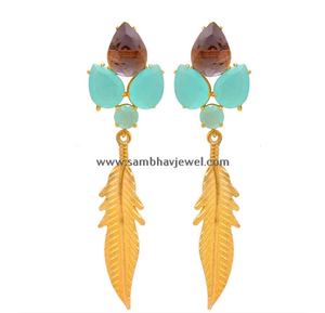 Handmade 925 Sterling Sier Women's <b>Earrings</b> Antique Aqua Chalcedony Leaf Dangle with Gold Plating and Pearl Gemstone - Product Image 3