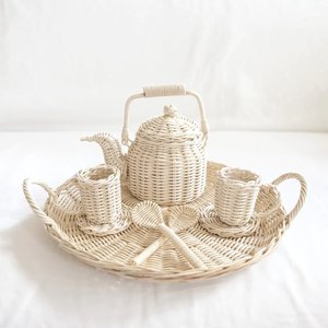 Handcrafted rattan kids pretend play toys natural miniature tea pot <b>set</b> children roleplay teaware - Product Image 2