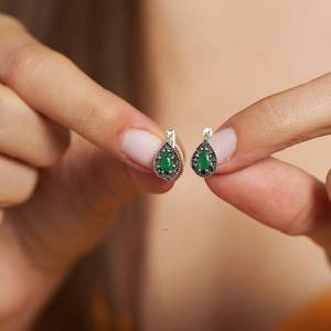 Emerald <b>Stud</b> Earrings For Women 925 Sterling <b>Silver</b> Minimalist Green Earrings Vintage Jewelry Gift For Her - Product Image 3