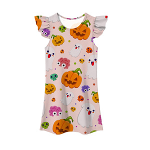 Girls Halloween Printed <b>Dress</b> <b>Flutter</b> <b>Sleeve</b> A-Line Cartoon Ghost Pumpkin Pattern Cute Mini Length O-Neck Chiffon <b>Dress</b> - Product Image 1