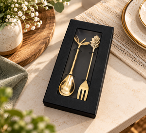 Luxury Metal Leaf Design Spoon and Fork Set in <b>Black</b> Gift Box Decorative Botanical Handle <b>Cutlery</b> for Elegant Dining Wedding - Product Image 1