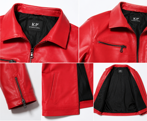 Men's <b>Red</b> Genuine Leather <b>Jacket</b> with Front Zip Closure | Classic Casual Fashion <b>Jacket</b> Premium Fashion Leather Outerwear - Product Image 2