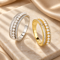 Three Row 925 Sterling Silver Zircon Band Ring with White Beads and Clear Rectangular Stones