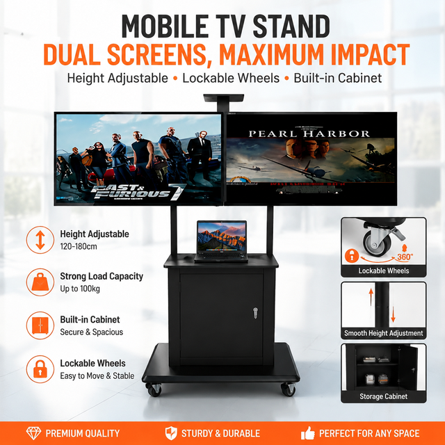Adjustable Height Black Cold Rolled Steel 32-65 Inch Floor Mobile TV Stand with Braked Casters With Computer Rack