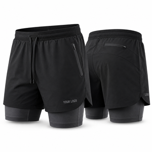 Men's Two <b>Layer</b> Performance Shorts Quick Dry Drawstring Waist Sporty Style With Pockets Solid Black - Product Image 6