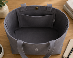 Minimalist Gray Cotton Tote <b>Bag</b> With Embroidery Front Pocket Shoulder Strap Open Top - Product Image 5