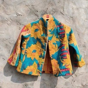 Floral Printed Quilted <b>Jacket</b> Women's <b>Mandarin</b> <b>Collar</b> Full Sleeve Cotton Spring Coat Regular Length Single Button Design - Product Image 1