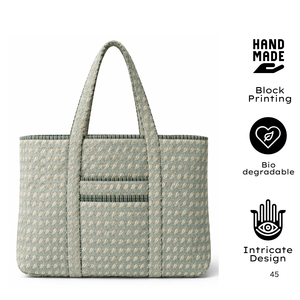<b>Panelled</b> Canvas Tote Bag With Leaf Pattern Open Top All Seasons Shopping Office College Casual Outing Gift Use Hand Block Print - Product Image 2