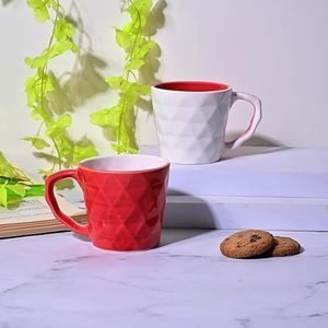 Red & White Diamond-Textured Glazed Ceramic Mug <b>Microwave</b> Safe Casual Oriental and Farmhouse Style <b>Set</b> of 4 - Product Image 3