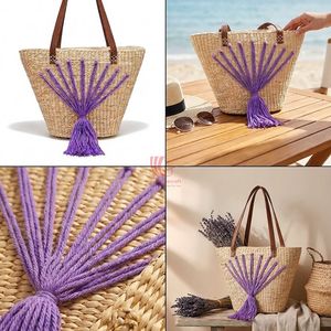 Bolso de Viaje de Paja Tejida para Mujer con Fresa Bordada, Borla Morada y Detalles en Lavanda, Correa de Cuero Marrón para Atuendos Casuales de Playa - Product Image 3
