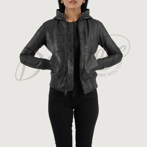 Premium Genuine Leather Hooded <b>Jacket</b> for Women Slim Fit Soft <b>Sheepskin</b> Black Leather Bomber <b>Jacket</b> With Ribbed Cuffs - Product Image 2