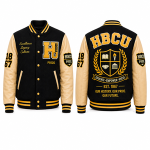 เสื้อแจ็คเก็ต Letterman HBCU สำหรับผู้ชาย แจ็คเก็ต Varsity คลาสสิก ปักโลโก้ได้ตามสั่ง ตัวเสื้อทำจากผ้าขนสัตว์ แขนเสื้อทำจากหนัง ขายส่งเสื้อแจ็คเก็ต Letterman HBCU แบบสั่งทำ - Product Image 1