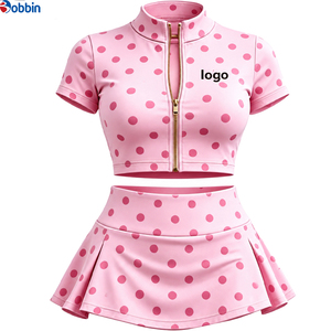 Conjunto de 2 piezas de lunares para mujer, top corto de manga corta con cremallera y falda por encima de la rodilla, ropa deportiva de verano, muy de moda y superventas. - Product Image 5