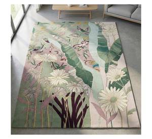 Alfombra Grande Hecha a Mano con Diseño Botánico de Flores y Aves, Patrón de Margaritas y Colibríes, Verde y Rosa, para Sala de Estar - Product Image 2