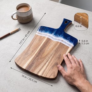 Planche à découper en bois d'acacia écologique, rectangulaire, avec poignée, design vague bleue, antidérapante, passe au lave-vaisselle, pour la cuisine et le service - Product Image 3