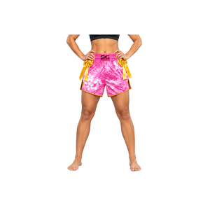 Shakargarh International Pink Sublimated Muay Thai <b>Shorts</b> With Yellow Bows For <b>Kickboxing</b> Training - Product Image 4