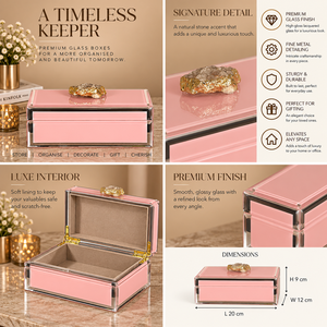 Blossom <b>Pink</b> Glass Jewelry Storage Box with Natural Stone Accent Gold Edging Glossy Finish Soft Lining Decorative Keepsake Organ - Product Image 6